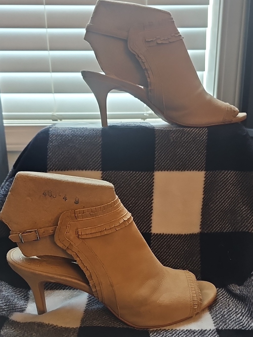 Vince Camuto Tan Open-Toe Ruffle Ankle Heels